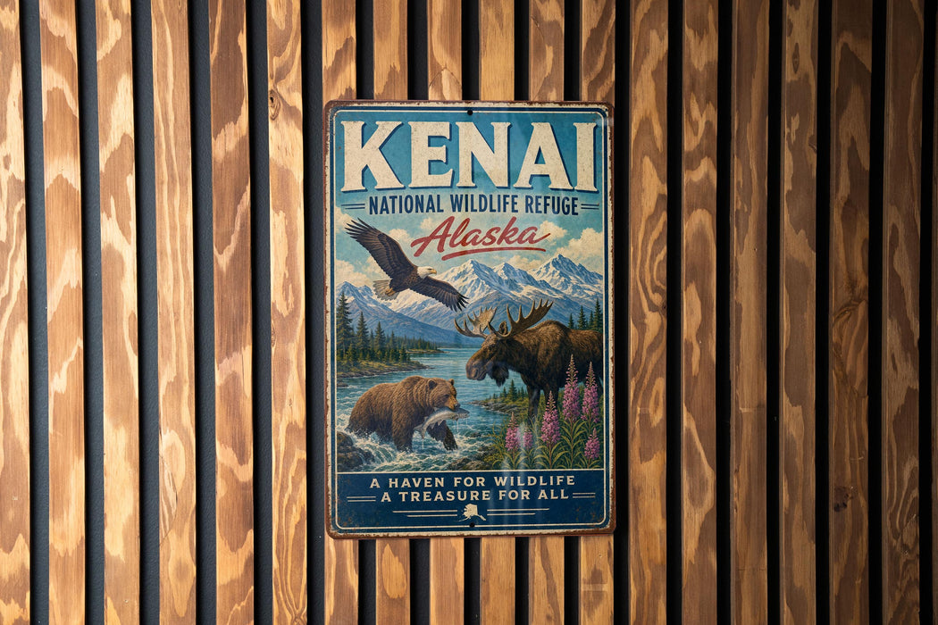 A vintage-style metal sign for the Kenai National Wildlife Refuge in Alaska, featuring an illustration of wildlife such as a moose, bear, and eagle.