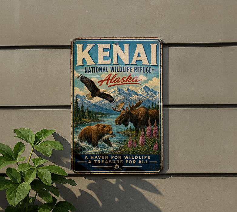 A vintage-style metal sign for the Kenai National Wildlife Refuge in Alaska, featuring an eagle, moose, and bear in a scenic landscape.