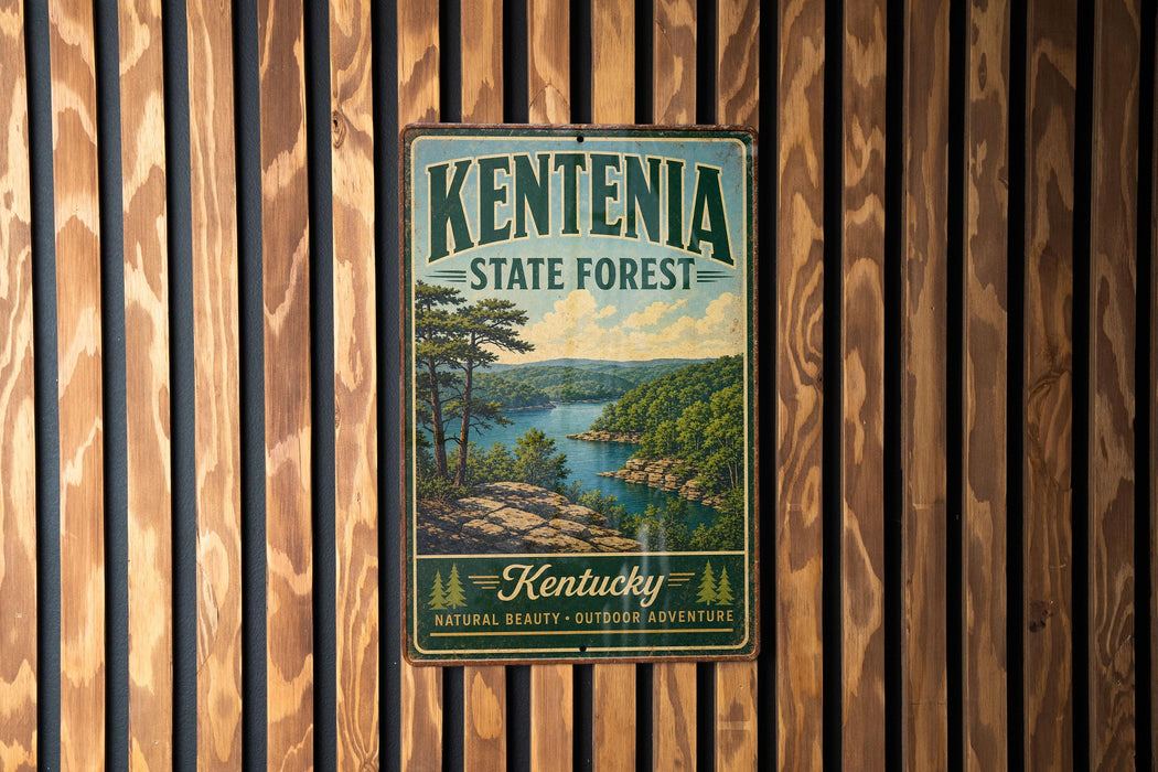 A vintage metal sign for Kentonia State Forest hangs on a wooden wall, featuring a scenic landscape with a lake and mountains.