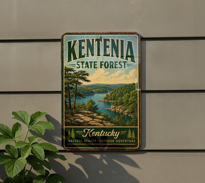 A vintage metal sign for Kentonia State Forest, featuring a scenic landscape with a lake and mountains.