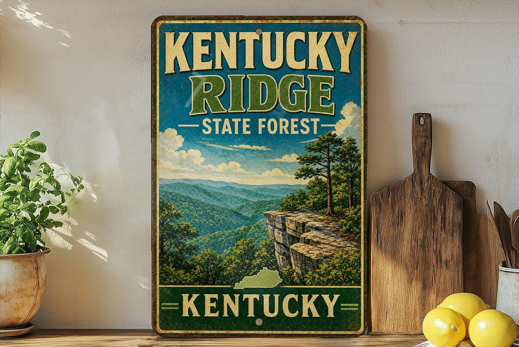 A vintage-style sign for Kentucky Ridge State Forest, featuring a scenic mountain landscape with a cliff and trees.