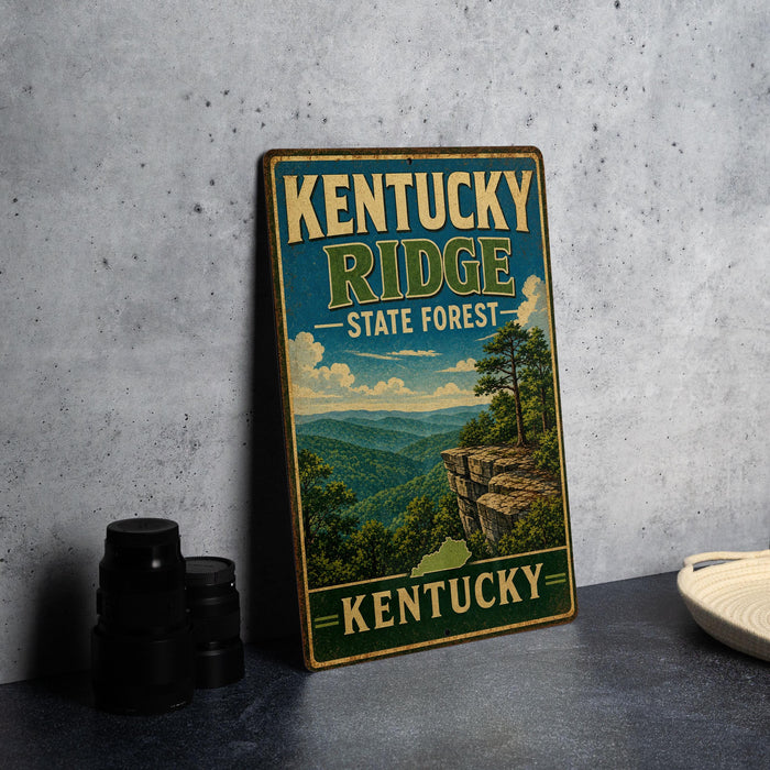 A vintage-style sign for Kentucky Ridge State Forest, featuring a scenic landscape with mountains, trees, and a cliff overlooking the forest.