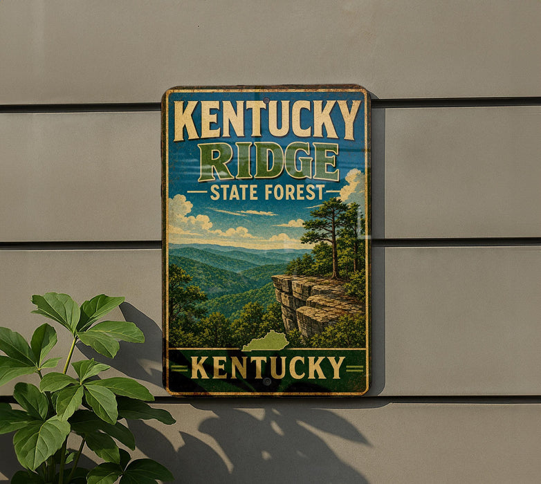 A vintage-style sign for Kentucky Ridge State Forest, featuring a scenic mountain landscape with a cliff and trees.