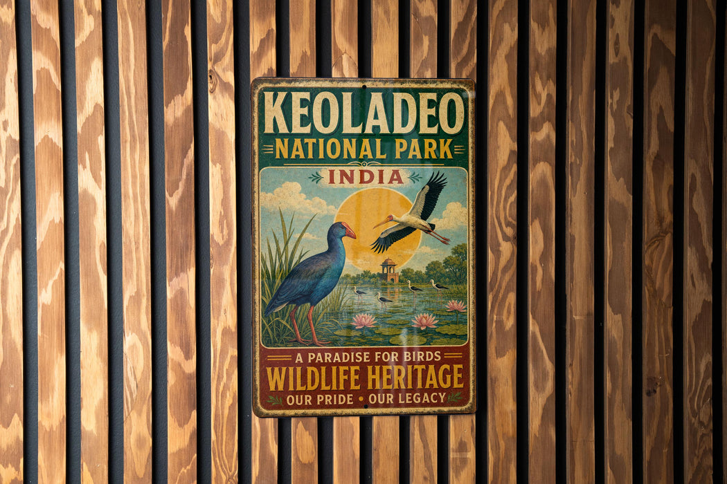 A vintage-style metal sign for Keoladeo National Park in India, featuring an illustration of birds and a scenic landscape.