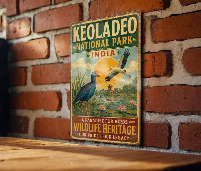 A vintage-style metal sign for Keoladeo National Park in India, featuring a bird illustration and text promoting the park as a "paradise for birds" and a "wildlife heritage".