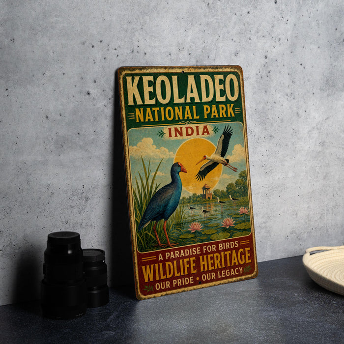A vintage-style metal sign for Keoladeo National Park, India, featuring an illustration of birds and a serene landscape.