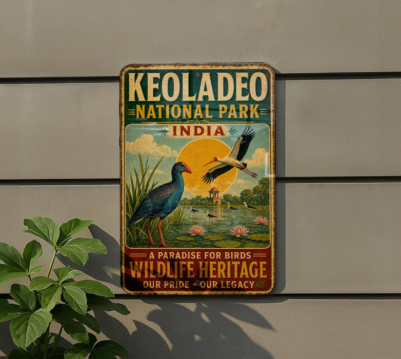 A vintage-style metal sign for Keoladeo National Park in India, featuring a bird illustration and text promoting the park as a "paradise for birds" and a "wildlife heritage".