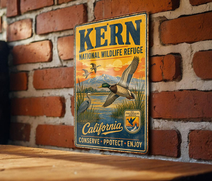 A vintage-style metal sign for the Kern National Wildlife Refuge in California, featuring an illustration of ducks and a sunset landscape.