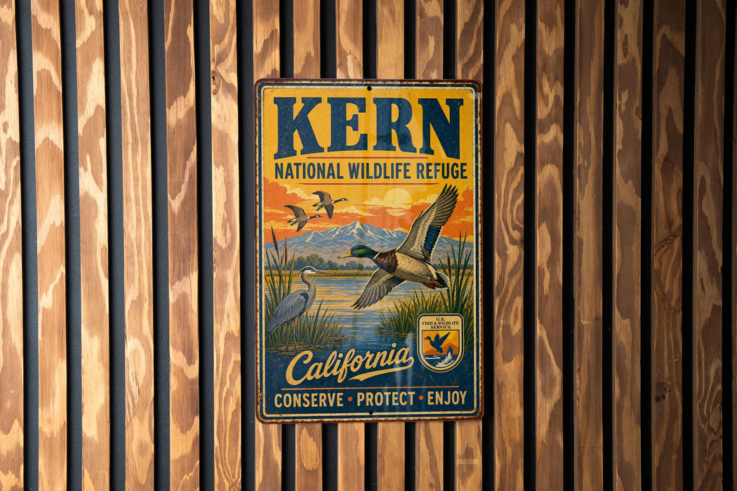 A vintage-style metal sign for the Kern National Wildlife Refuge in California, featuring an illustration of ducks and a sunset landscape.