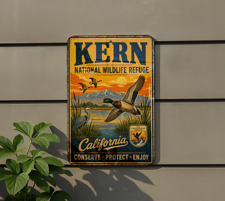 A vintage-style metal sign for Kern National Wildlife Refuge in California, featuring an illustration of ducks and a sunset landscape.