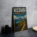 A vintage-style metal sign for the Kesugi Ridge Trail in Alaska, featuring a scenic mountain landscape with a winding trail.