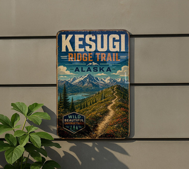 A vintage-style metal sign for the Kesugi Ridge Trail in Alaska, featuring a scenic mountain landscape with a winding trail.