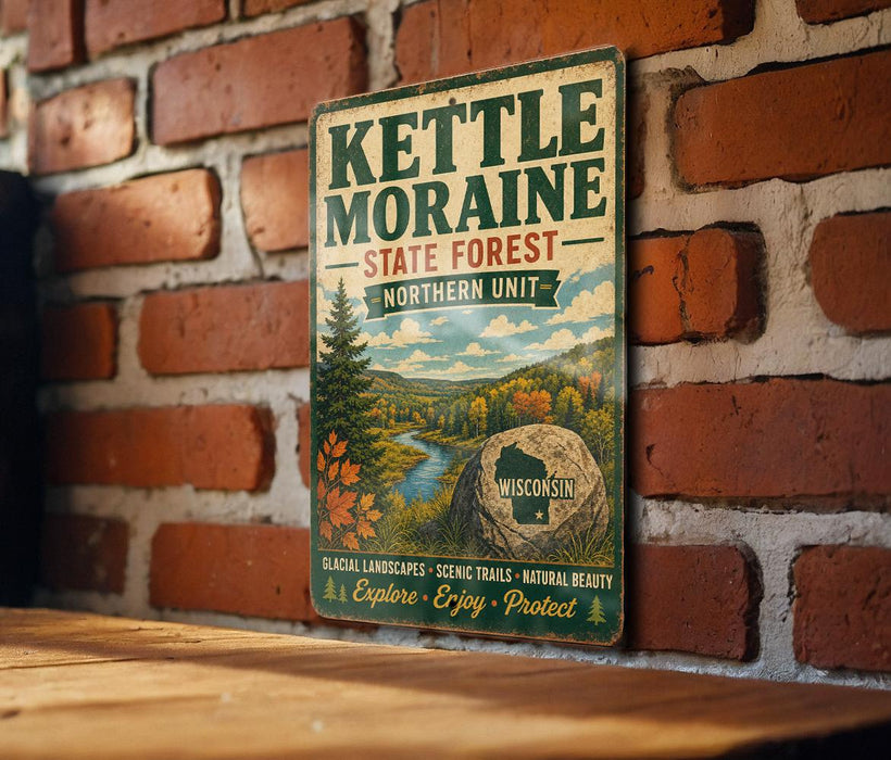 A vintage-style metal sign for the Kettle Moraine State Forest in Wisconsin, featuring a scenic landscape with a river and autumn foliage.