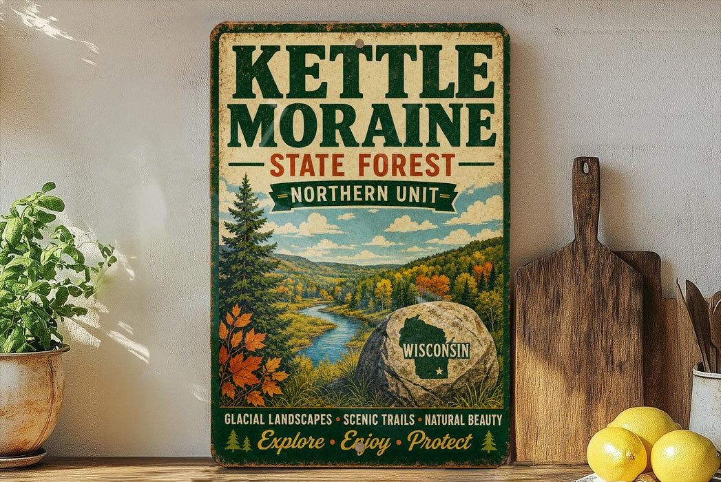 A vintage-style metal sign for Kettle Moraine State Forest in Wisconsin, featuring a scenic landscape with a river, pine trees, and autumn foliage.