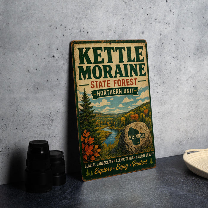 A vintage-style metal sign for the Kettle Moraine State Forest in Wisconsin, featuring a scenic landscape with a river and autumn foliage.