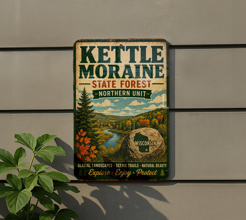A vintage-style metal sign for Kettle Moraine State Forest in Wisconsin, featuring a scenic landscape with a river, pine trees, and autumn foliage.