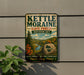 A vintage-style metal sign for Kettle Moraine State Forest in Wisconsin, featuring a scenic landscape with a river, pine trees, and autumn foliage.