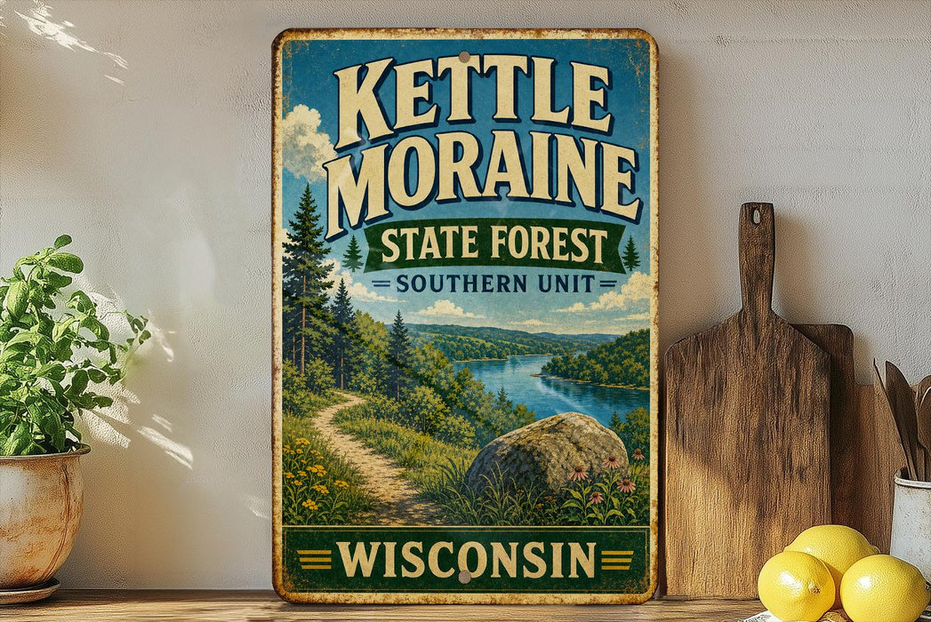 A vintage-style sign for the kettle moraine State Forest in Wisconsin, featuring a scenic landscape with a river, pine trees, and a winding path.