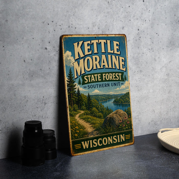A vintage-style metal sign for Kettle Moraine State Forest in Wisconsin, featuring a scenic landscape with a path, trees, and a lake.