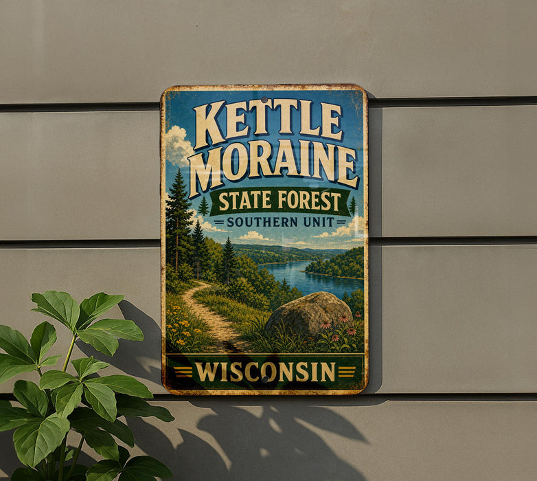 A vintage metal sign for Kettle Moraine State Forest in Wisconsin, featuring a scenic landscape with a river, mountains, and pine trees.