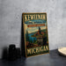 A vintage-style sign for Keweenaw National Historical Park, featuring a scenic landscape with a river, mountains, and a building.