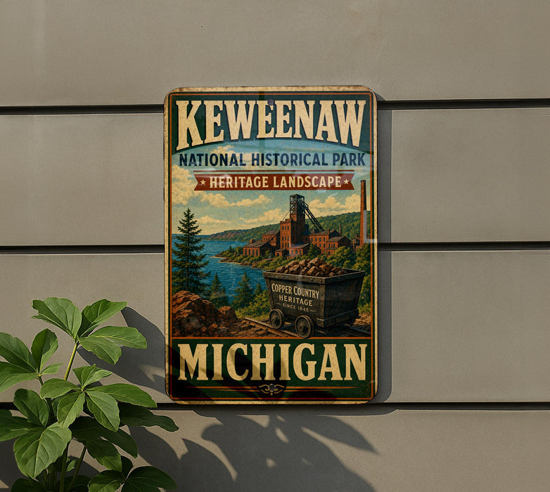A vintage-style metal sign for Keweenaw National Historical Park, featuring a scenic landscape with a train and a river.