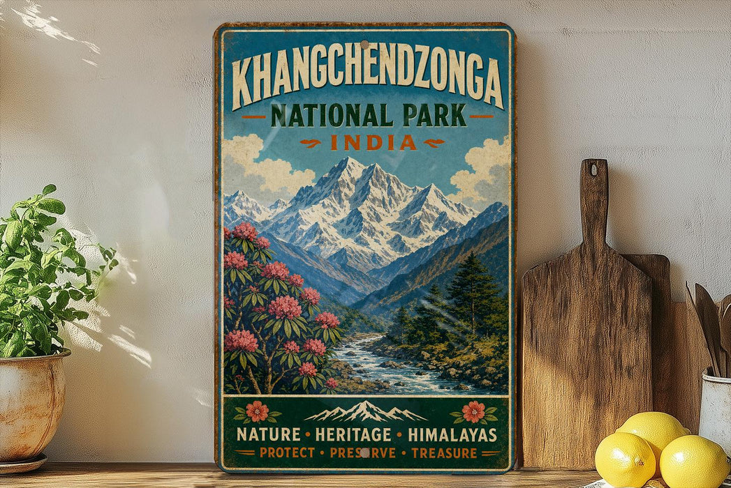 A vintage-style poster of Khangchenzong National Park in India, featuring a mountain landscape with a river and flowers, is displayed on a wall next to a wooden cutting board and some potted plants.