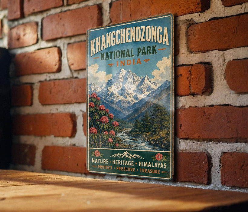 A vintage-style metal sign for Khangchenzonga National Park in India, featuring a mountain landscape with flowers and a river.