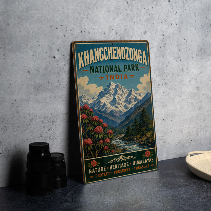 A vintage-style metal sign for Khangchenzong National Park, India, featuring a mountain landscape with flowers and a river.
