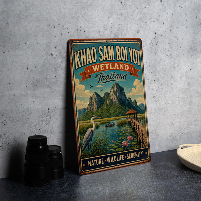 A vintage-style metal sign with a scenic illustration of a wetland landscape, featuring a crane, a bridge, and a mountain backdrop.
