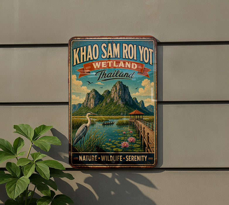 A vintage-style metal sign with a scenic landscape of mountains, water, and wildlife, including a crane, is displayed on a wall.