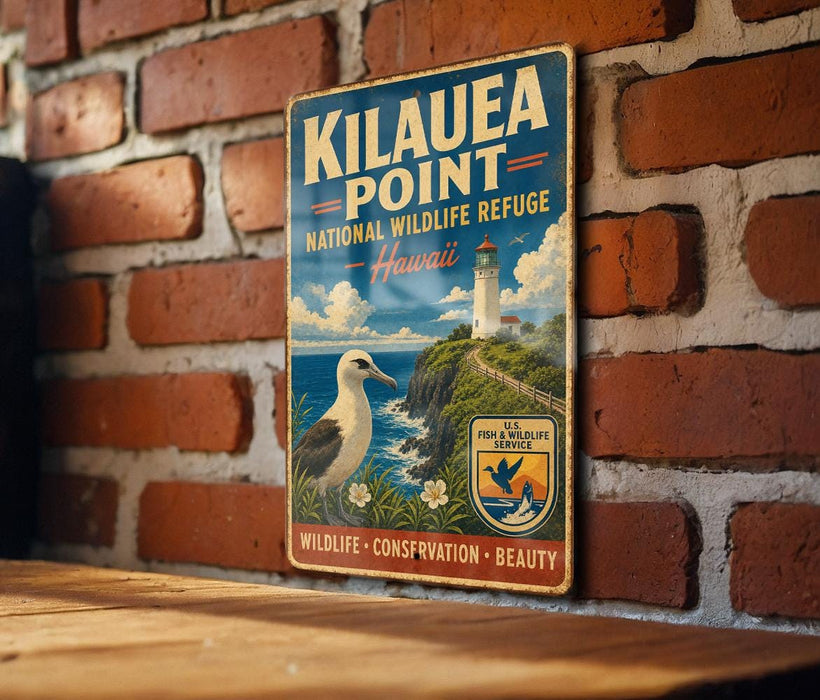 A vintage-style metal sign for the National Wildlife Refuge in Hawaii, featuring a lighthouse and a seagull, mounted on a brick wall.