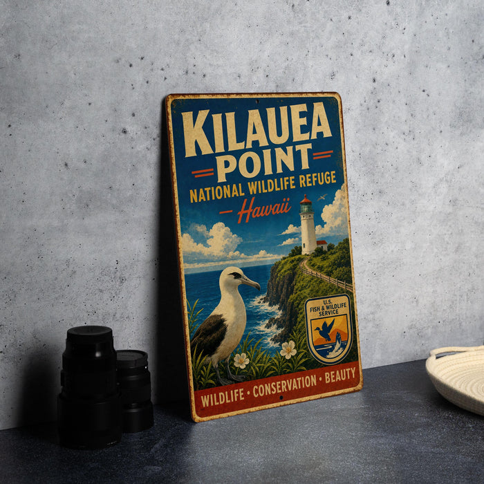A vintage-style sign for Kilauea Point, a National Wildlife Refuge in Hawaii, featuring a lighthouse and a seagull.