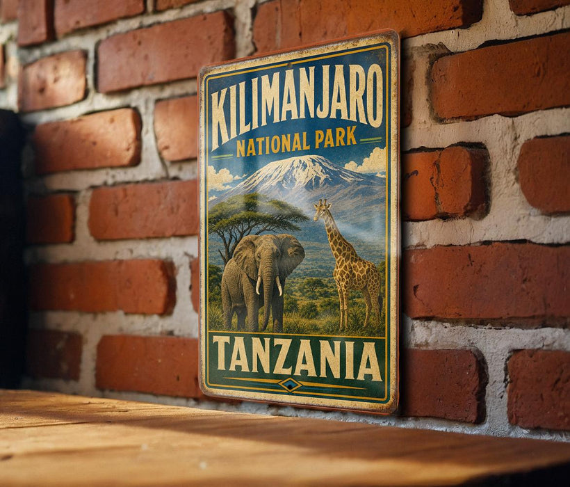 A vintage-style metal sign for Kilimanjaro National Park in Tanzania, featuring an illustration of an elephant and a giraffe in a grassy landscape with a snow-capped mountain in the background.