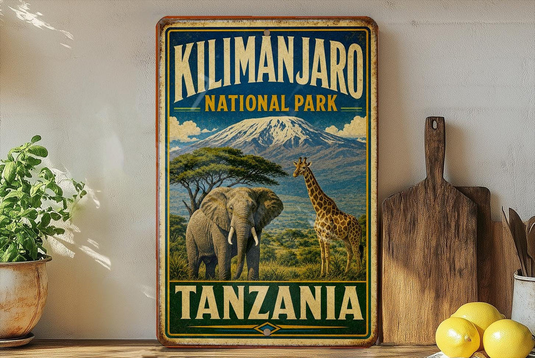A vintage-style sign for Kilimanjaro National Park in Tanzania, featuring an elephant and a giraffe in a lush, green landscape with a snow-capped mountain in the background.