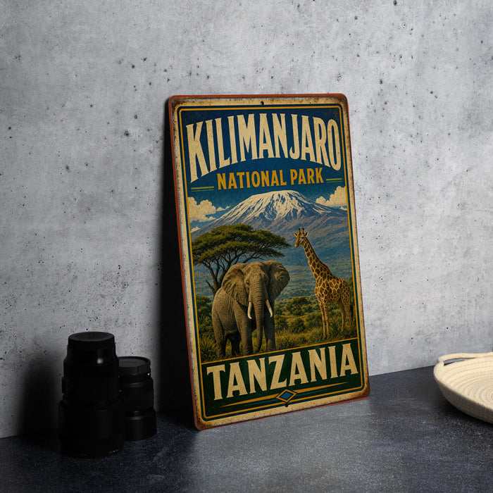 A vintage-style metal sign for Kilimanjaro National Park in Tanzania, featuring an illustration of elephants and a giraffe in a natural landscape.