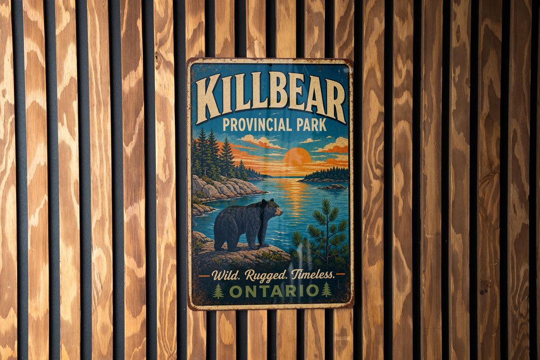 A vintage-style metal sign for Killbear Provincial Park in Ontario, featuring a bear and a scenic landscape.