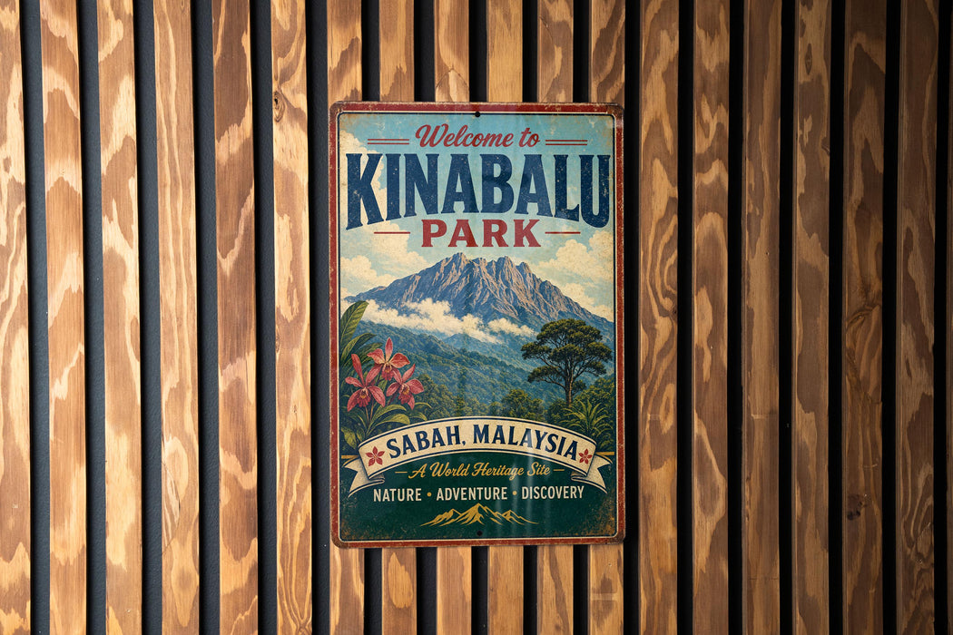 A vintage-style metal sign welcoming visitors to Kinabalu Park, Malaysia, with a mountain landscape and text indicating the park's focus on nature, adventure, and discovery.