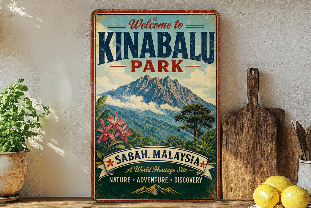 a vintage-style sign for Kinabalu Park, with a mountain landscape and text indicating it is a world heritage site.