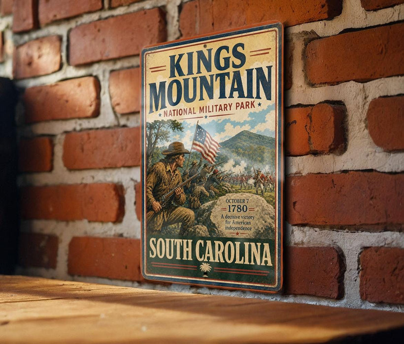 A vintage-style metal sign for Kings Mountain National Military Park, featuring an illustration of soldiers and a historical battle scene.