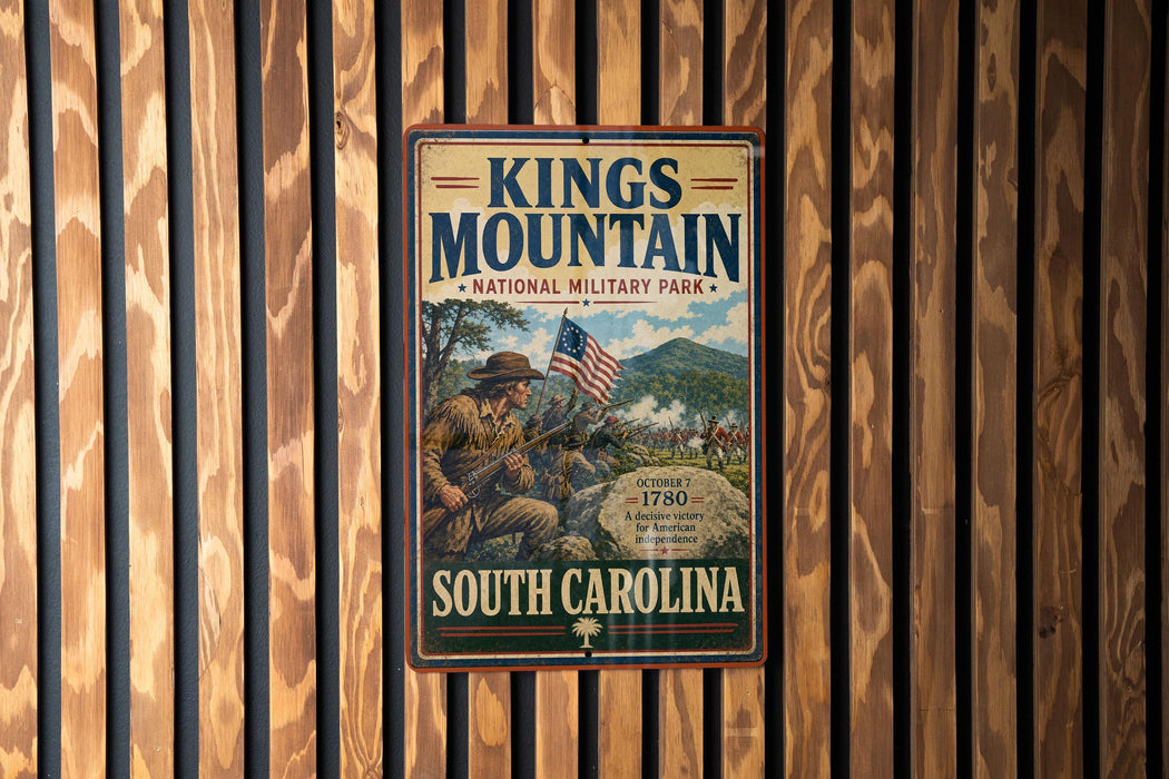 A vintage metal sign for Kings Mountain National Military Park in South Carolina, featuring an illustration of soldiers and an American flag.