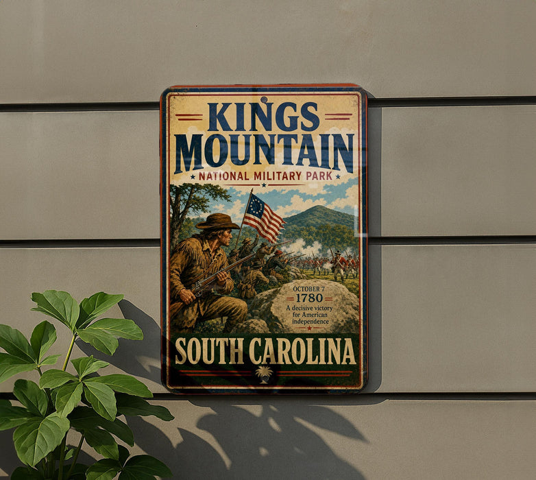 A vintage metal sign for Kings Mountain National Military Park, featuring an illustration of a soldier and the text "Kings Mountain South Carolina 1780".