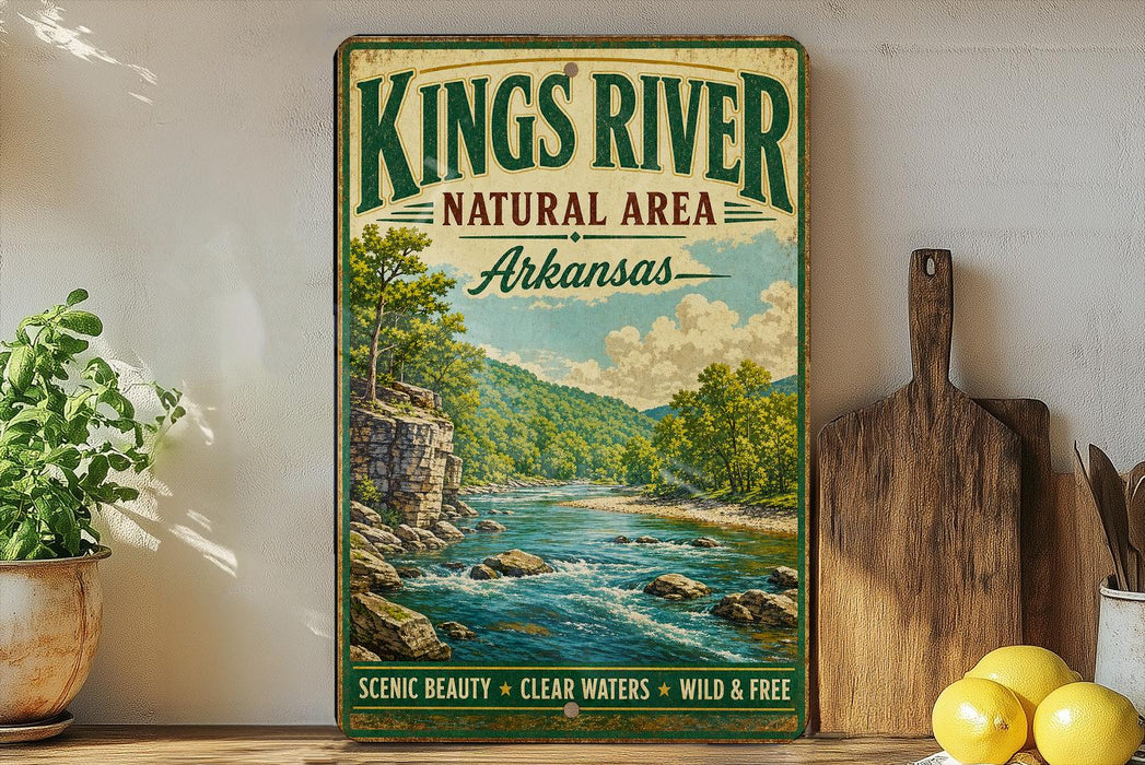 A vintage-style sign for the Kings River Natural Area in Arkansas, featuring a scenic landscape with a river, mountains, and lush greenery.