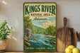 A vintage-style sign for the Kings River Natural Area in Arkansas, featuring a scenic landscape with a river, mountains, and lush greenery.