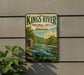A vintage-style sign for the Kings River Natural Area in Arkansas, featuring a scenic illustration of a river surrounded by lush greenery.