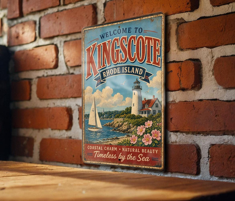 A vintage-style metal sign that reads "Welcome to Kingscote, Rhode Island" with a lighthouse and sailboat illustration, mounted on a brick wall.