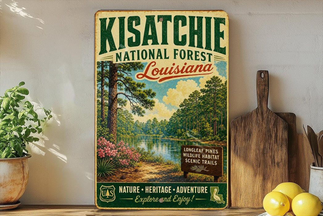 A vintage-style sign for the Kisatchie National Forest in Louisiana, featuring a scenic landscape with a river, pine trees, and flowers.
