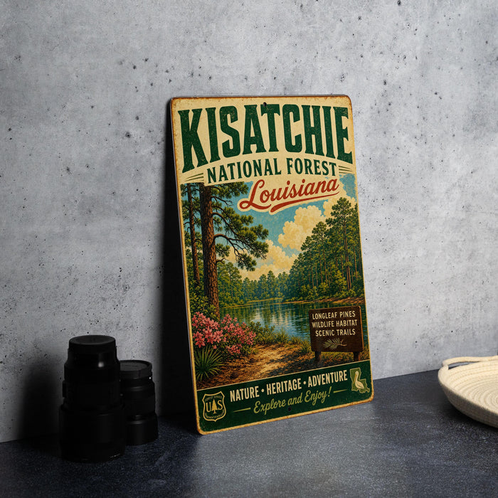 A vintage-style metal sign for the Kisatchie National Forest in Louisiana, featuring a scenic landscape with pine trees, a lake, and a sign indicating the area as a wildlife habitat and scenic trail.