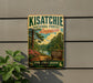 A vintage-style sign for the Kisatchee National Forest in Louisiana, featuring a scenic landscape with a lake, pine trees, and a path leading through the woods.