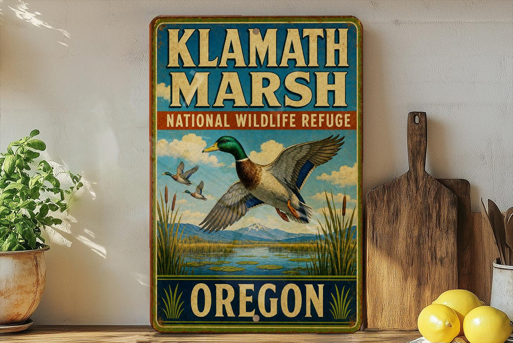 A vintage-style sign for Klath Marsh National Wildlife Refuge in Oregon, featuring a duck in flight and a scenic landscape.